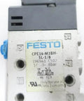 Close-up of Festo CPE14-M1BH-5L compatible 1/8 inch pneumatic solenoid valve, showing 24V DC 8 bar specifications for industrial systems.