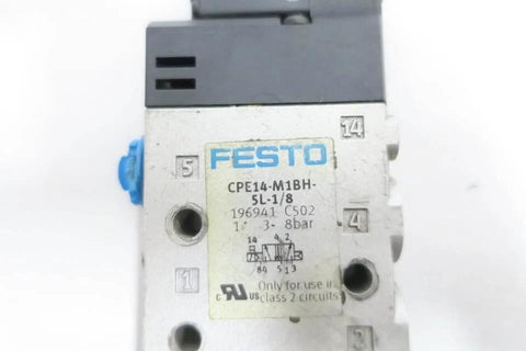 Close-up of Festo CPE14-M1BH-5L compatible 1/8 inch pneumatic solenoid valve, showing 24V DC 8 bar specifications for industrial systems.