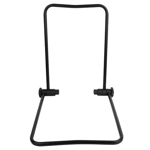 Front view of black frame from Aluminum Bike Trainer Stand With Storage Rack For Mountain Road And Folding Bikes Adjustable Repair Stand Durable Rust Proof Maintenance Station For Home Garage And Workshop Area