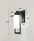Top Tier Modern Outdoor Wall Sconce Featuring Waterproof Black Matte Aluminum Bracket And Cylindrical Glass Shade side view with dimensions.