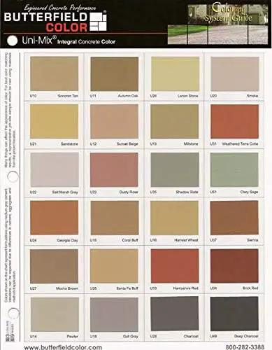 Color chart featuring various shades for concrete mixes including Mocha Brown and more, for Top Rated Stained Concrete Crack Filler For Driveway Patio Pool Deck Walkway Restoration Water Activated Heavy Duty Patch Mix In Mocha Brown Shade Straight Up Solid Fix.