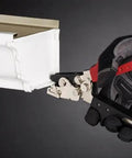 Snap Lock Punch For Gutters With Adjustable Throat Depth From One Quarter Inch To Five Eighths Inch, silver finish tool in use