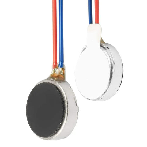 Two 10x3mm DC 3V micro flat coin vibration motors, button type, with 50mm cable for mobile phones and gadgets.