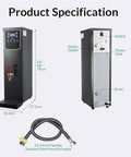 Pro Grade Commercial Stainless Steel Hot Water Boiler With Autofill And Non Drip Spigot Super Fast Heating 90 Liter Tea Coffee Dispenser rear and front view with specifications and accessories.