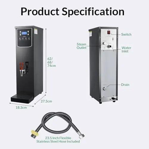 Pro Grade Commercial Stainless Steel Hot Water Boiler With Autofill And Non Drip Spigot Super Fast Heating 90 Liter Tea Coffee Dispenser rear and front view with specifications and accessories.