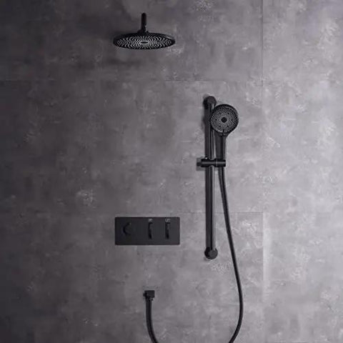 Premium Wall Mounted Shower System Complete Bathroom Faucet Kit Featuring Rain Head And Handheld Sprayer, five meter hose, wall-mounted with sleek black finish.