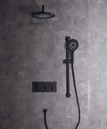 Top Tier Wall Mounted Shower Kit With Rain And Handheld Heads Zero Drip Valve Super Flexible Five Meter Hose No Sweat Installation Durable Chrome Finish total bathroom upgrade installed on gray wall.