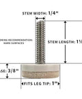 4 Pack 1 Inch Threaded Felt Furniture Glides with Adjustable Feet diagram showing dimensions and thread details for hard surfaces.