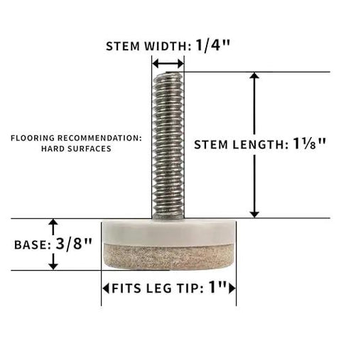 4 Pack 1 Inch Threaded Felt Furniture Glides with Adjustable Feet diagram showing dimensions and thread details for hard surfaces.