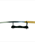 Handmade Sharp Japanese Samurai Shirasaya Katana Sword With High Gloss Wood Saya Razor Sharp Full Tang 38.75 Inch Overall on Stand.