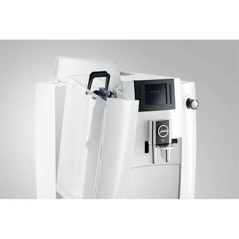 Straight Up Game Changer Automatic Espresso Coffee Maker With Easy Cappuccino Function And Premium Aroma Grinder In Sleek Piano White Finish showing water tank and control panel.