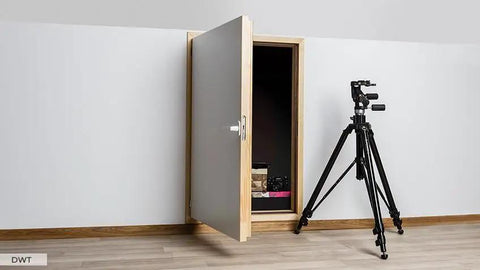 Premium Insulated Knee Wall Access Door With Rock Solid White HDF Boards And R Five Point Two Heat Blocking Rating For Attics And Basements Slick Operation 27 By 35 Inches open, showing storage space.