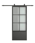 30 Inch By 84 Inch Frosted Glass Barn Door With Black Steel Frame And Three Quarter Lite Panels Ships Fully Preassembled