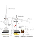 DIY Distiller Kit For Essential Oils Moonshine And Alcohol Making, Glass Distillation Set with 22 Piece Borosilicate Lab Grade Apparatus, 500 ml Capacity, Complete Glassware Kit For Home Chemistry showing labeled components.