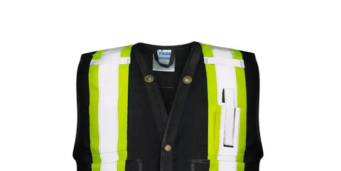 Hella Visible Mens Fire Retardant Surveyor Safety Vest In Classic Black With Heavy Duty Construction And Built Different Ansi Class One Certified Gear front view with reflective strips.