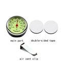 idain car dashboard thermometer with 1.57-inch round gauge, two white double-sided tape discs, and an air vent clip