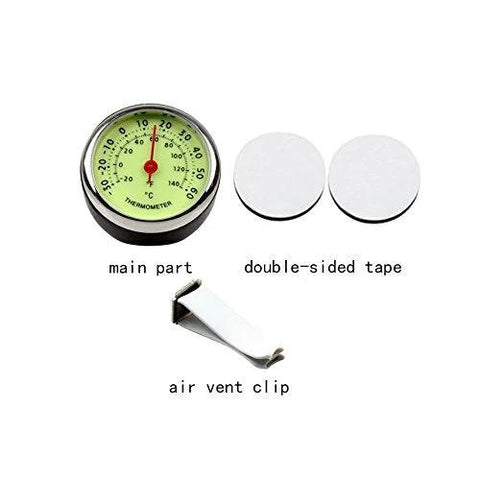 idain car dashboard thermometer with 1.57-inch round gauge, two white double-sided tape discs, and an air vent clip