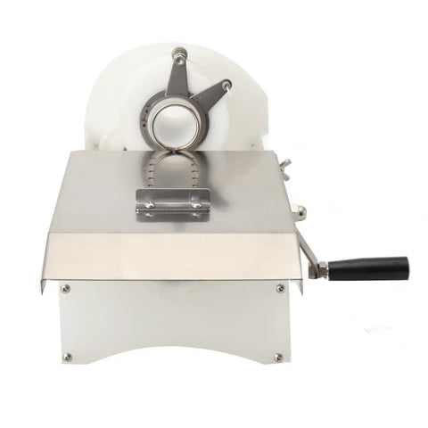 Kickass Stainless Steel Sausage Tying Machine For Home Grill Crews No Sweat Hand Crank Knotter For Fresh Cased Links Up To Forty Five Millimeters, top view with hand crank.