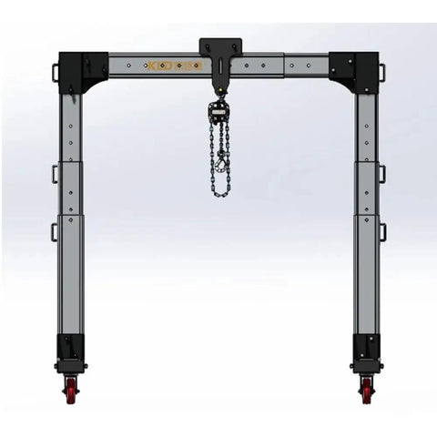 Real Deal Portable Gantry Crane With Electric Winch And Chain Ratchet Built For No Sweat Heavy Lifting And Smooth Material Handling Across Your Workshop Or Yard, showcasing aluminum frame with hanging chain.
