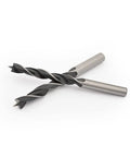 Two carbon steel brad point drill bits from Eight Piece Wood Drill Bits Set Carbon Steel Brad Point Kit For Woodworking With Storage Case Durable Long Lasting Sharp Bits For Wood Plywood Chipboard And Plastics, showing sharp tips designed for precise wood drilling.