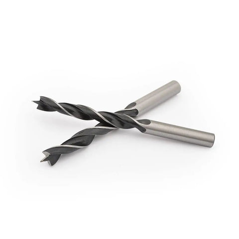 Two carbon steel brad point drill bits from Eight Piece Wood Drill Bits Set Carbon Steel Brad Point Kit For Woodworking With Storage Case Durable Long Lasting Sharp Bits For Wood Plywood Chipboard And Plastics, showing sharp tips designed for precise wood drilling.