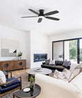 Bayfeve 52-Inch Flush-Mount Ceiling Fan with Light (Black + Plywood) installed in modern living room.