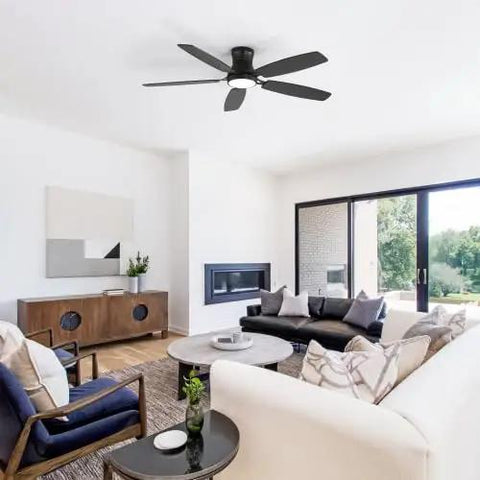 Bayfeve 52-Inch Flush-Mount Ceiling Fan with Light (Black + Plywood) installed in modern living room.