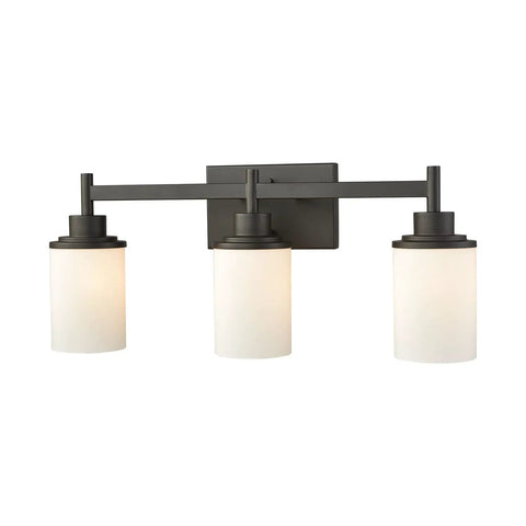 Belmar 3 Light Bath Vanity Light in Oil Rubbed Bronze with Opal White Glass, 22 in wide, 9 in high, 6 in extension, 3 lights visible