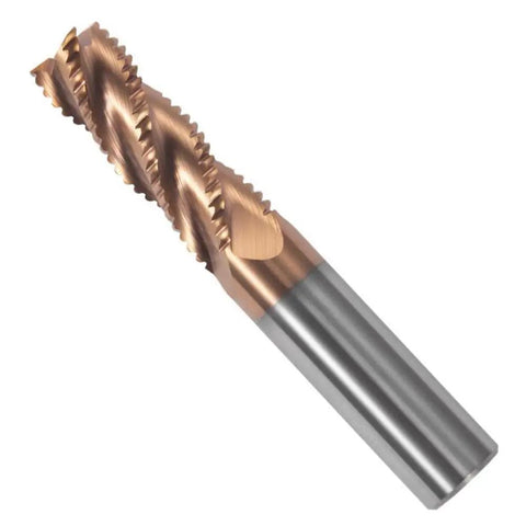 Carbide Roughing End Mill, Half Inch Cutting Diameter, Four Flute, Half Inch Shank, Three Inch Overall Length, TiN Coated For Hardened Steels And Alloy Steels, Durable Metalworking Milling Tool For Precision Jobs.