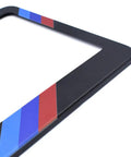 Close-up of Matte Aluminum Alloy License Plate Frame Kit For BMW Front And Rear Mount with sports logo and three color design.