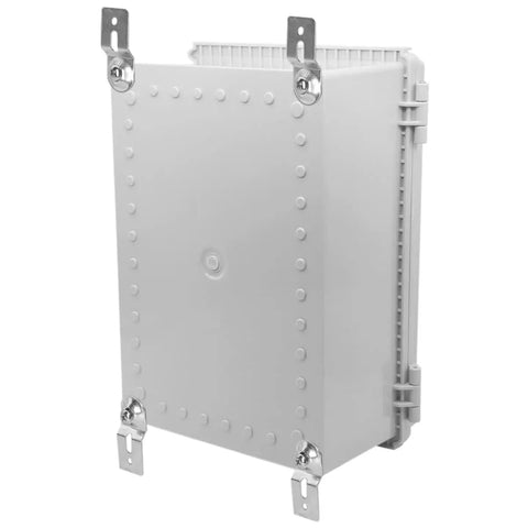 Rugged IP67 Waterproof Junction Box With Hinged Cover, stainless steel buckles, viewed from the front, grey 350x250x150 mm