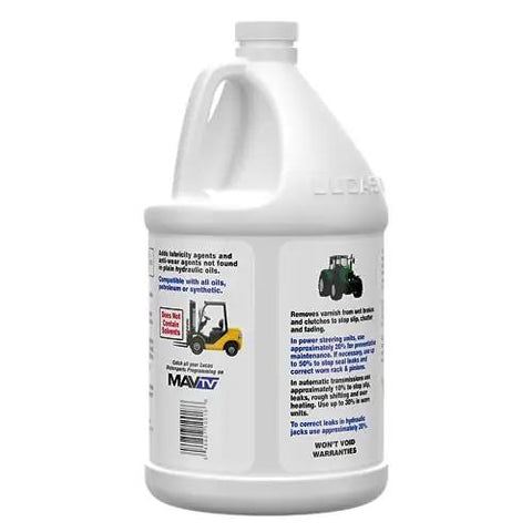 Hydraulic Oil Booster and Stop Leak Additive for Leaky Seals, Wet Brakes and Varnish Build Up, Reduces Temperature, Conditions O Rings, Restores Pressure, Keeps Seals Tight, Compatible With Synthetic and Conventional Fluids, 1 Gallon bottle side view