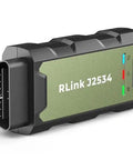 OBD-II diagnostic tool RLink J2534 showing its plug and LED indicators, used for vehicle diagnostics and repair.