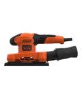 Heavy Workhorse Orbital Sander With One Third Sheet Pad And Quick Attach Clamps Cranks Out 14000 Rpm side view with dust collection.
