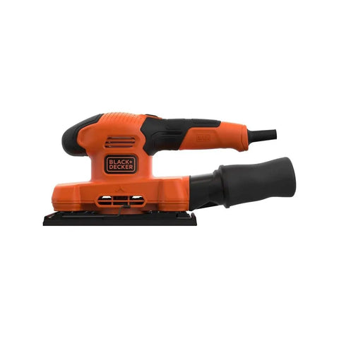 Heavy Workhorse Orbital Sander With One Third Sheet Pad And Quick Attach Clamps Cranks Out 14000 Rpm side view with dust collection.