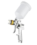 Smooth Operator Compact Pneumatic Spray Gun With Swappable Tips And Six Hundred ML Cup Designed For Quick Leather Repairs And Flawless Paint Jobs In Sleek Silver Aluminum, with a clear paint cup and golden nozzle detail.