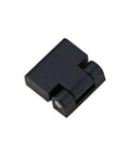 Close-up of zinc alloy damping hinge for cabinet doors, black finish, torque-adjustable pivot, 1 pc