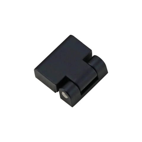 Close-up of zinc alloy damping hinge for cabinet doors, black finish, torque-adjustable pivot, 1 pc