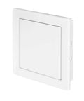 6 Inch By 6 Inch Drywall Access Panel with Flap Cover in white ABS plastic for plumbing and utility service openings, side view