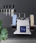 Professional Electric Knife Sharpener And Bench Grinder With Adjustable 90 To 300 Rpm And Water Cooling Tank For Wet Grinding Die Cast Aluminum Build For Rock Solid Performance To Restore Dull Blades To Wicked Sharp Edge Fast For Precision Sharpening on a countertop.
