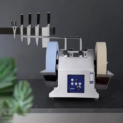 Professional Electric Knife Sharpener And Bench Grinder With Adjustable 90 To 300 Rpm And Water Cooling Tank For Wet Grinding Die Cast Aluminum Build For Rock Solid Performance To Restore Dull Blades To Wicked Sharp Edge Fast For Precision Sharpening on a countertop.