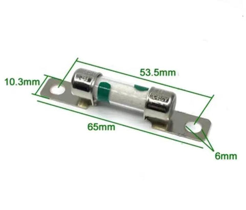 Rock Solid Electric Vehicle High Voltage Fuse 30 Amp DC 450 Volts, clear glass fuse with metal ends, dimensions 65mm x 10.3mm.