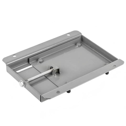 Front-angle view: gray steel 145T frame motor slide base with adjustable mounting plate