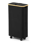 Slim Laundry Hamper With Wheels And Lid, 62L Rolling Clothes Basket With Bamboo Handle, Narrow Space Saver Design, Black