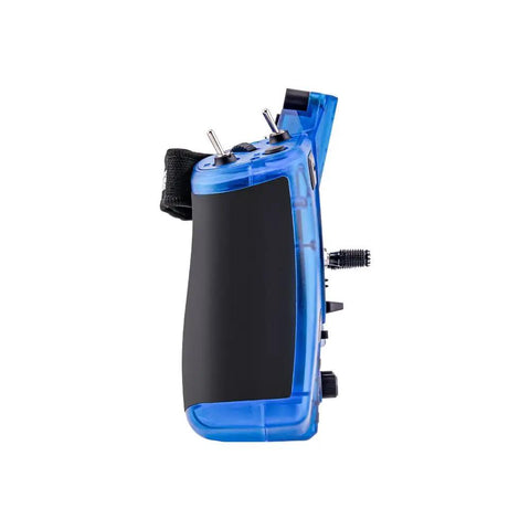 Side view of Rad ExpressLRS GX12 Crush Dual Band GeminiX Controller with blue casing and foldable antennas visible