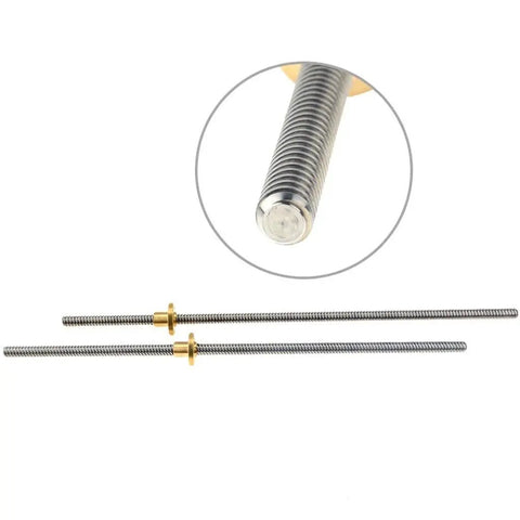 Beefy T8 Trapezoidal Lead Screw For 3D Printers Tough Stainless Steel Rod With Copper Nut Choose 1mm Or 2mm Pitch Lead Options 1mm 2mm 4mm 8mm Lengths 100mm To 600mm In 50mm Steps Includes One Rod And One Copper Nut., stainless steel T8 lead screw with copper nut for 3D printers, shown with close-up tip and two lengths