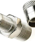 Two silver metal Schrader valve adapters, 1/8 inch BSPT, for air compressors