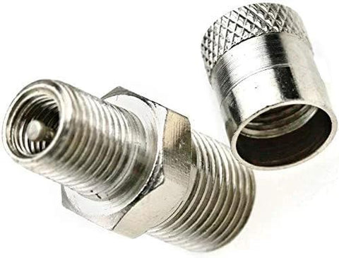 Two silver metal Schrader valve adapters, 1/8 inch BSPT, for air compressors