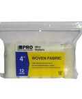 Pro Grade 4 In Mini Roller Covers Thirty Six Pack Half Nap White Lint Free Woven Fabric in clear packaging.