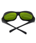 Top Tier Infrared Laser Safety Glasses Loaded With Multi Band Optical Density Shields And Slick Clear Lenses Crafted Hella Tough For Nd Yag Diode And Garage Laser Builds, black frame with green lenses.